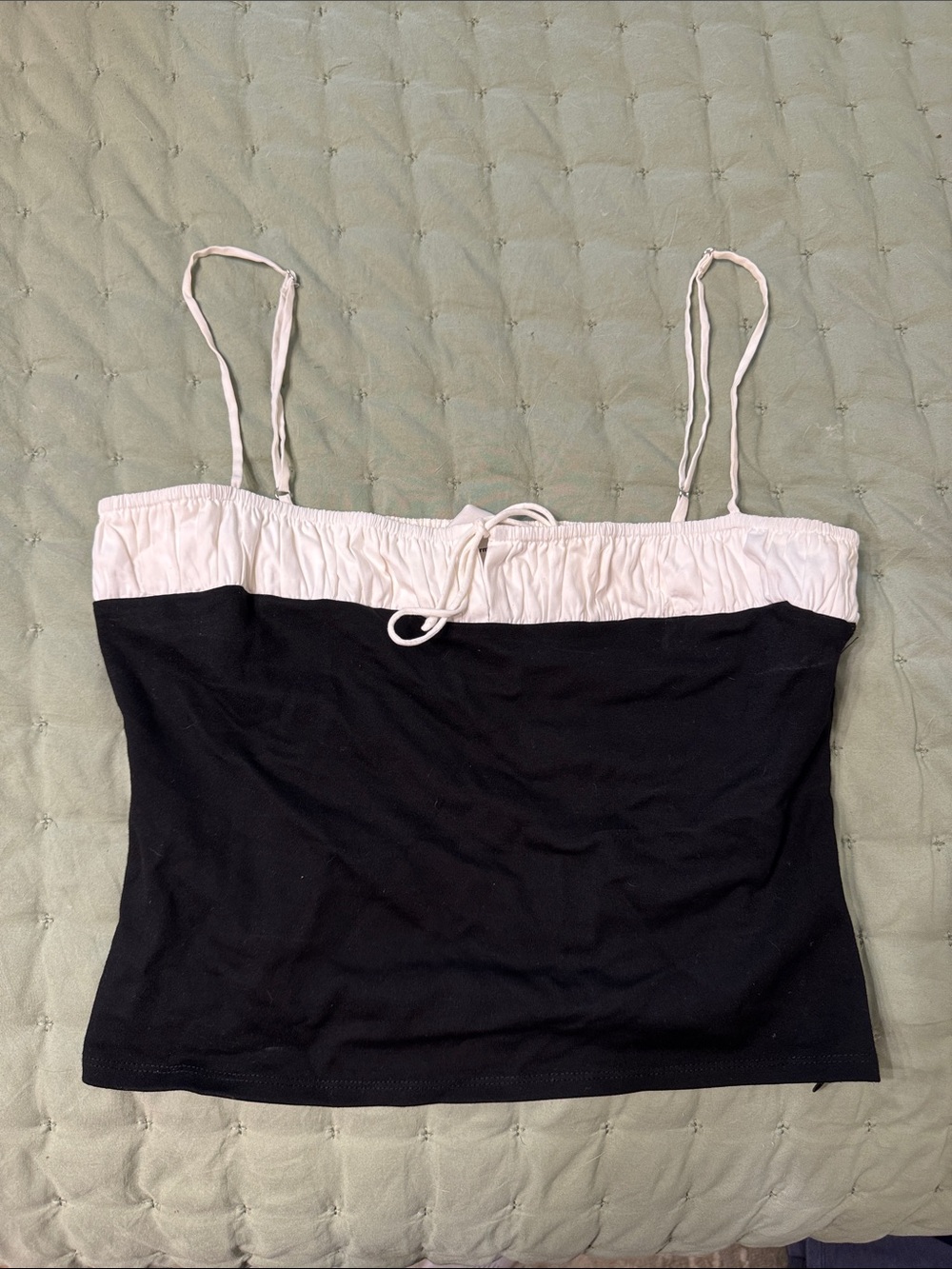 Reformation Black and Cream Ruched Strapless-Look Camisole